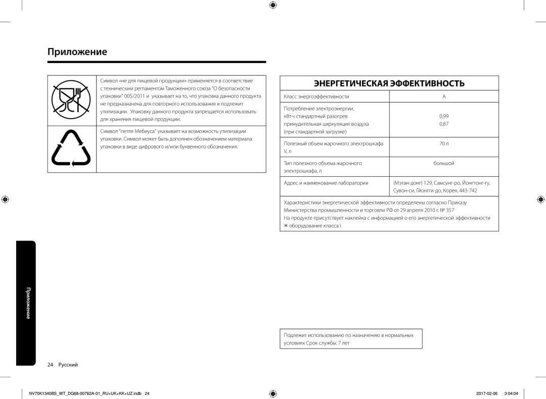 Samsung NV70K1310BS/WT manual Приложение, Тип полезного объема жарочного, Электрошкафа, л Адрес и наименование лаборатории 