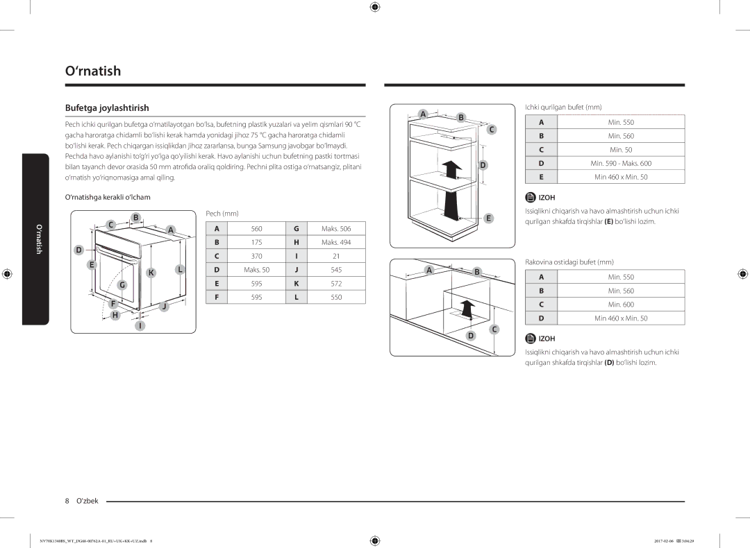 Samsung NV70K1340BW/WT, NV70K1340BS/WT, NV70K1340BB/WT, NV70K1310BB/WT, NV70K1310BS/WT manual Bufetga joylashtirish, Maks 