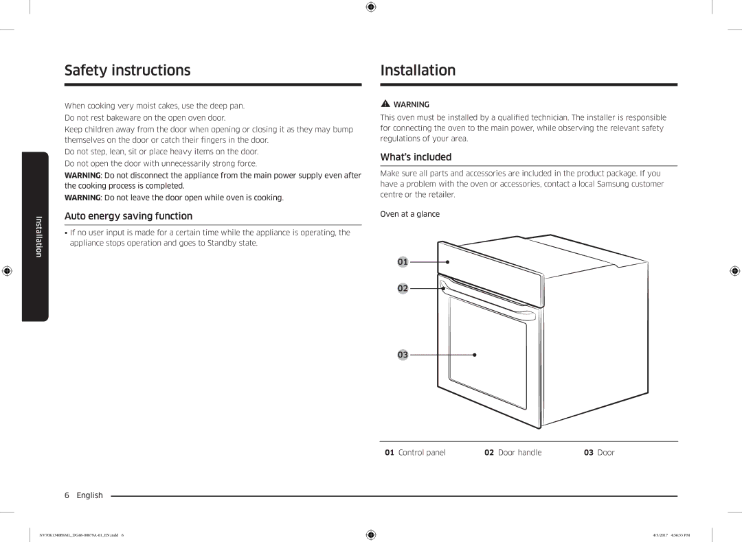 Samsung NV70K1340BW/ML manual Installation, Auto energy saving function, What’s included, Control panel Door handle 