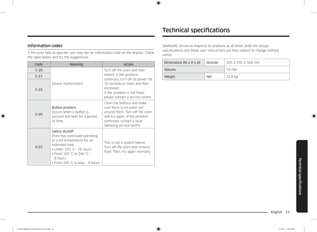 Samsung NV70K1340BS/ML, NV70K1340BW/ML manual Technical specifcations, Information codes 