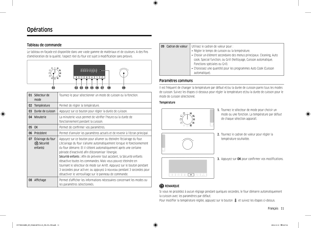 Samsung NV70K2340RS/EF, NV70K2340RB/EF manual Opérations, Tableau de commande, Paramètres communs 