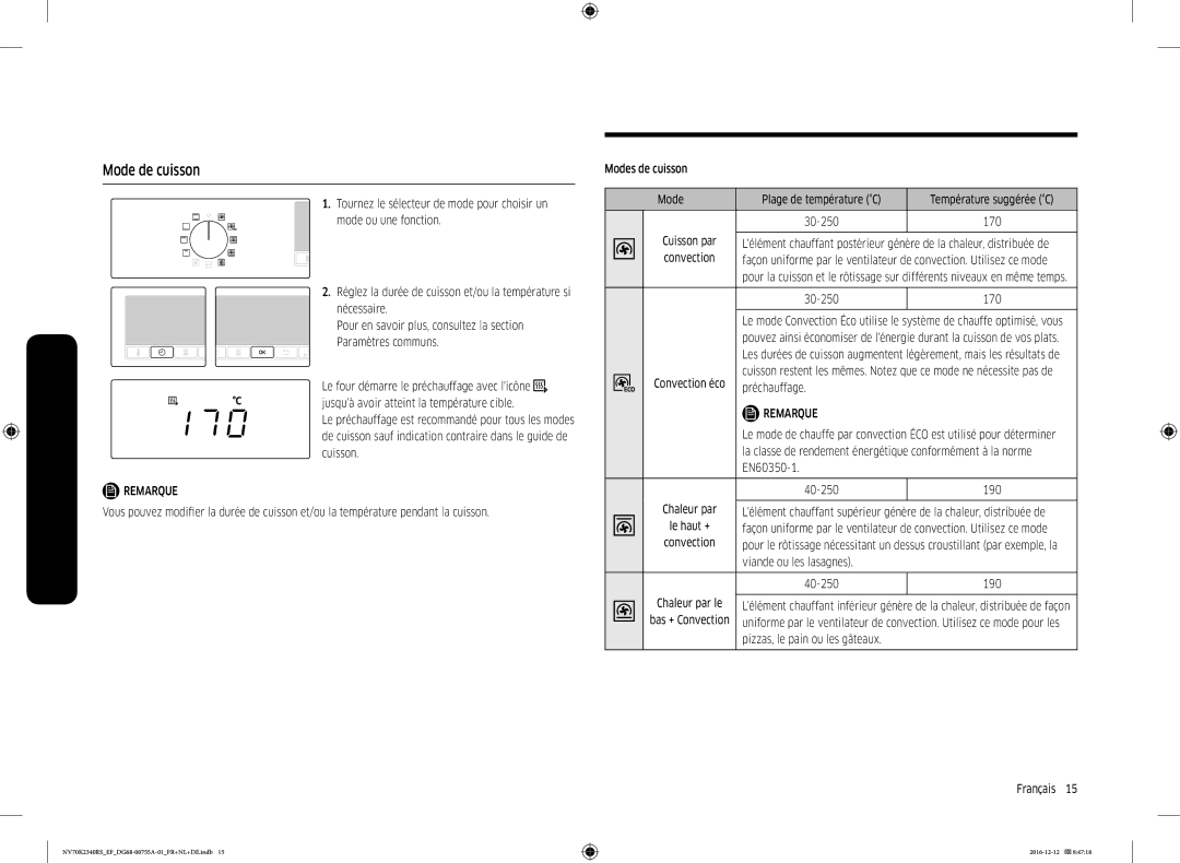 Samsung NV70K2340RS/EF, NV70K2340RB/EF manual Mode de cuisson 