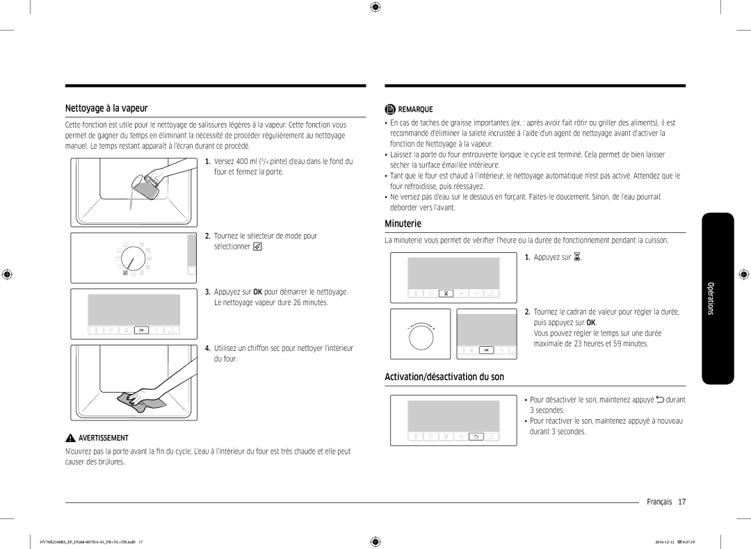 Samsung NV70K2340RS/EF, NV70K2340RB/EF manual Nettoyage à la vapeur, Minuterie, Activation/désactivation du son 