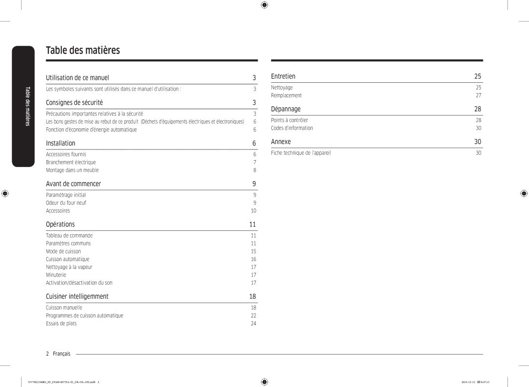 Samsung NV70K2340RB/EF, NV70K2340RS/EF manual Table des matières 