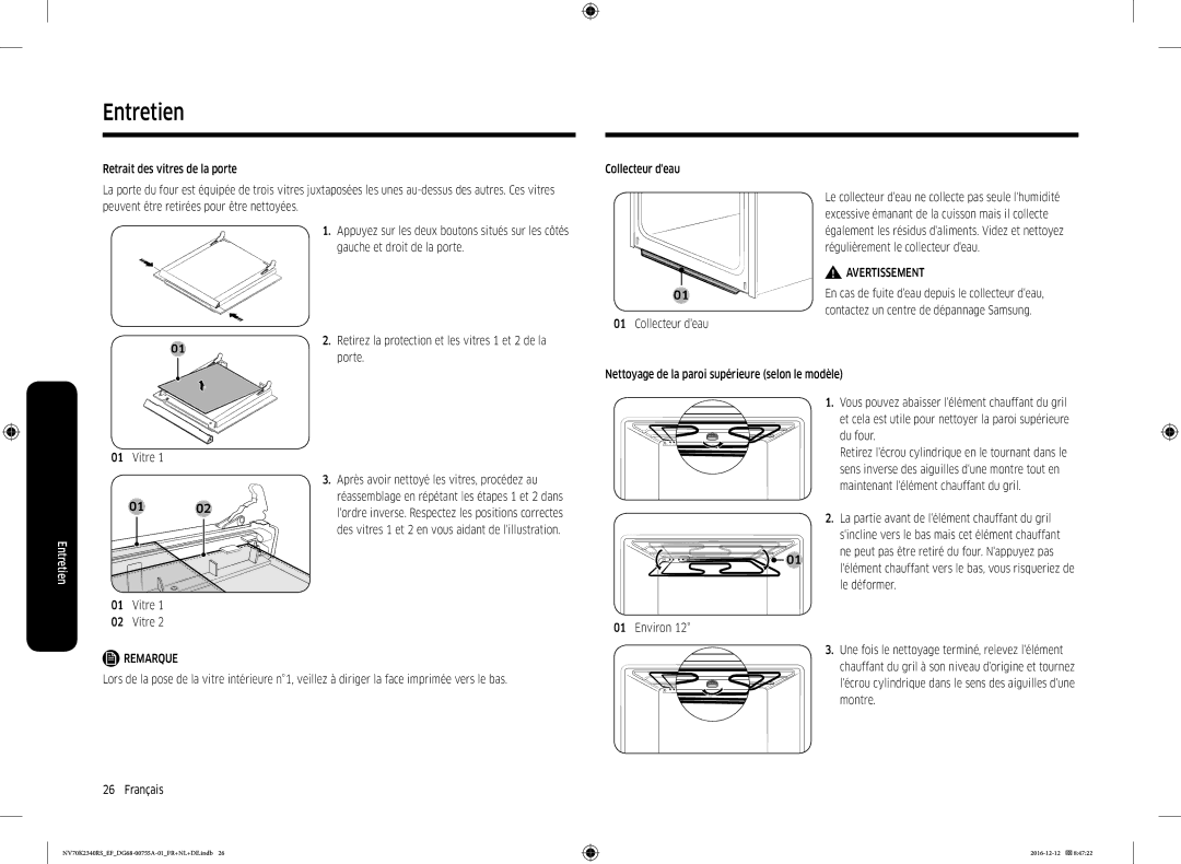 Samsung NV70K2340RB/EF, NV70K2340RS/EF Vitre, Retirez la protection et les vitres 1 et 2 de la porte, Du four, Le déformer 