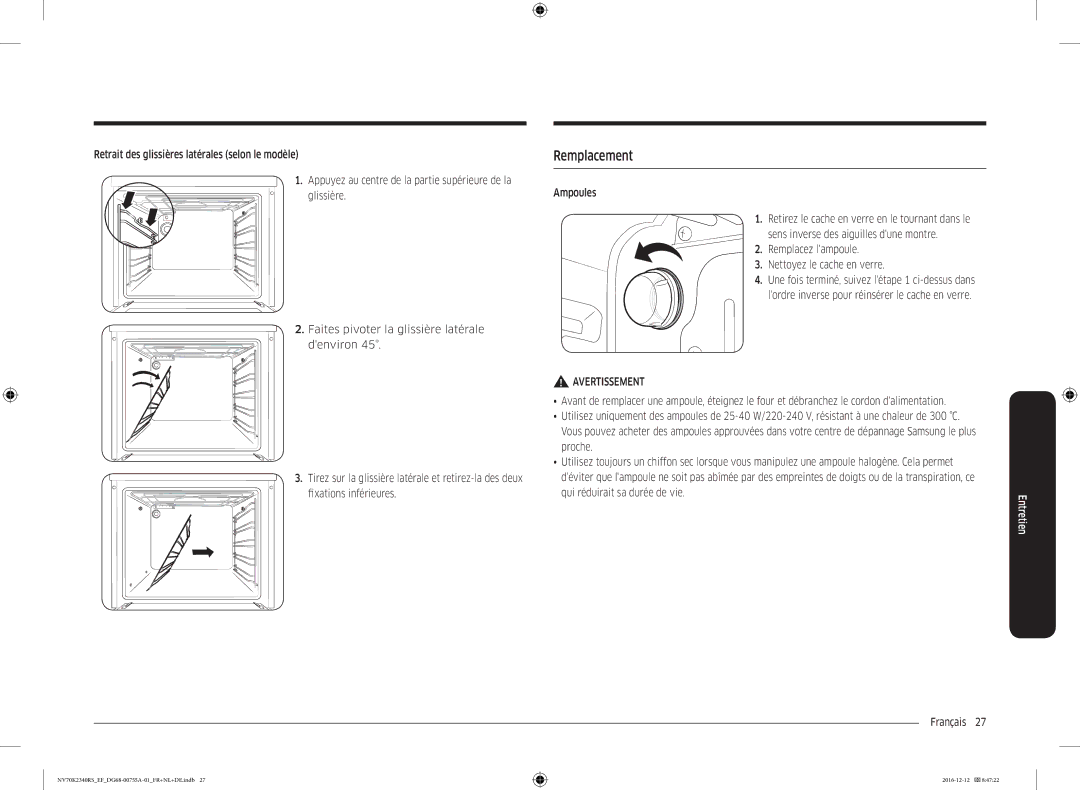 Samsung NV70K2340RS/EF, NV70K2340RB/EF manual Remplacement, Ampoules, Remplacez lampoule Nettoyez le cache en verre 