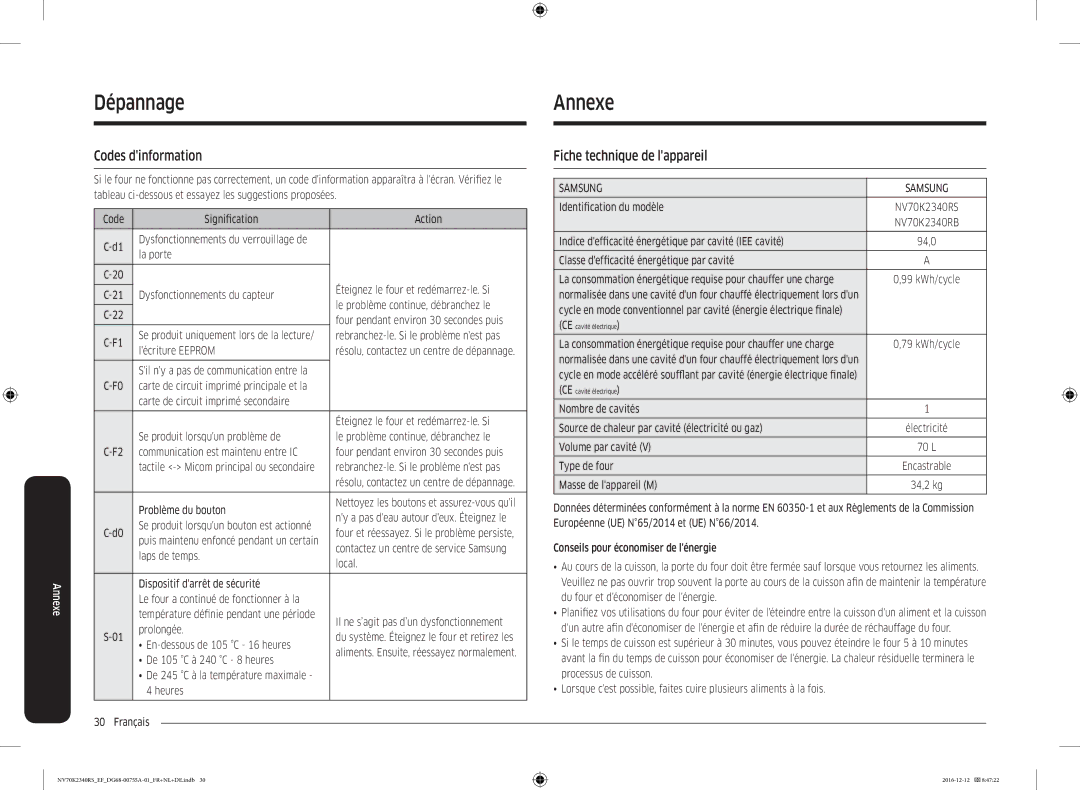 Samsung NV70K2340RB/EF, NV70K2340RS/EF manual Dépannage Annexe, Codes dinformation, Fiche technique de lappareil 