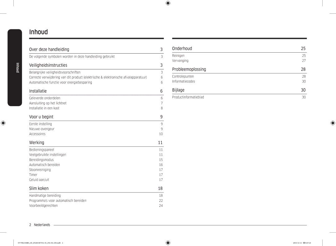 Samsung NV70K2340RB/EF, NV70K2340RS/EF manual Inhoud 