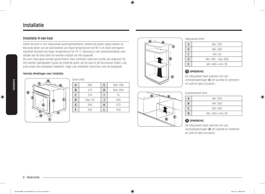 Samsung NV70K2340RB/EF, NV70K2340RS/EF manual Installatie in een kast 