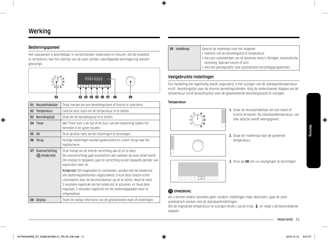 Samsung NV70K2340RS/EF, NV70K2340RB/EF manual Werking, Bedieningspaneel, Veelgebruikte instellingen 