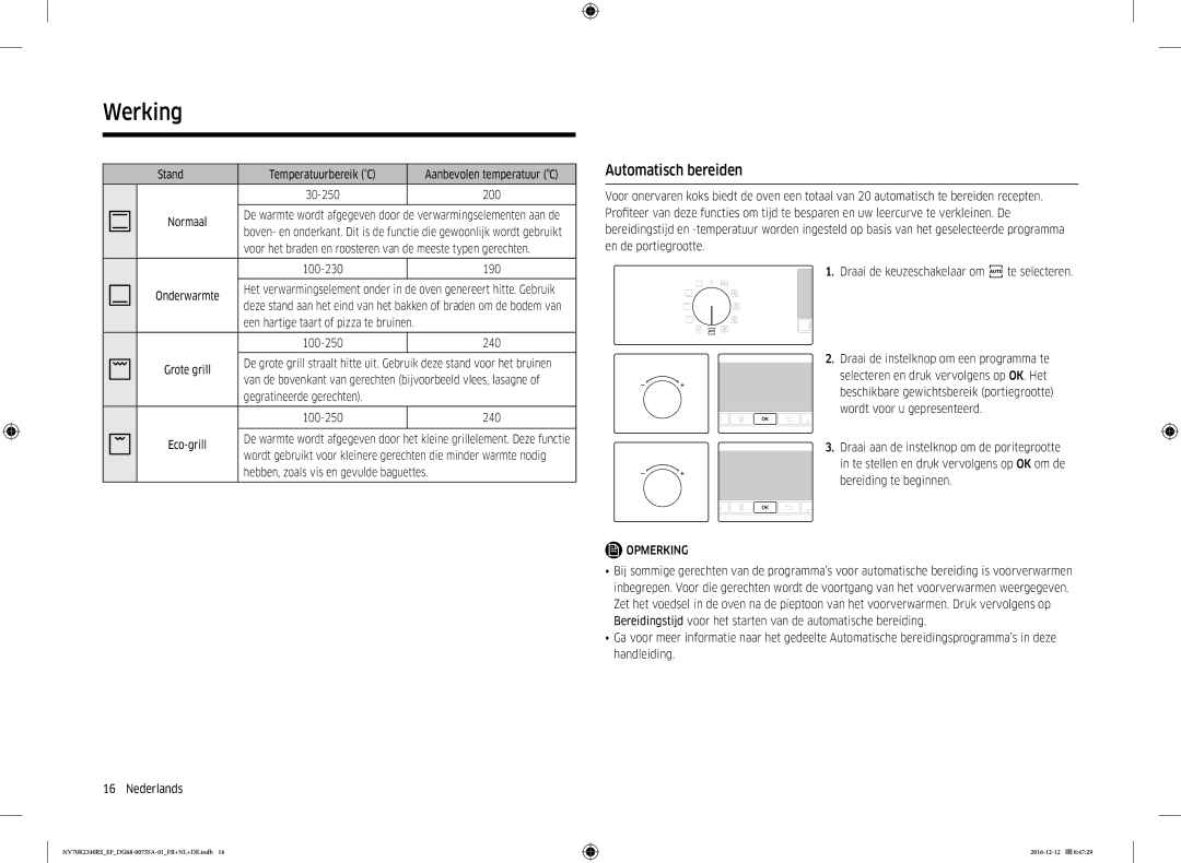 Samsung NV70K2340RB/EF, NV70K2340RS/EF manual Automatisch bereiden, Stand Temperatuurbereik C, Gegratineerde gerechten 