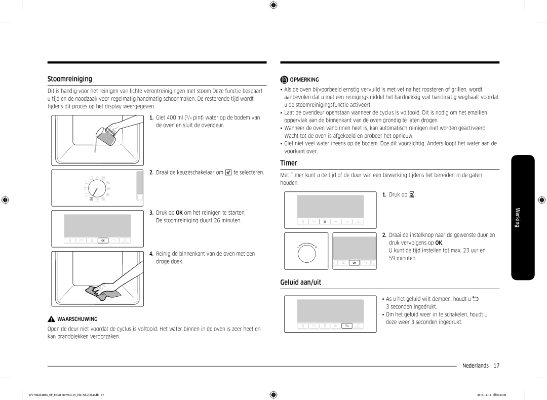 Samsung NV70K2340RS/EF manual Stoomreiniging, Timer, Geluid aan/uit, Reinig de binnenkant van de oven met een droge doek 