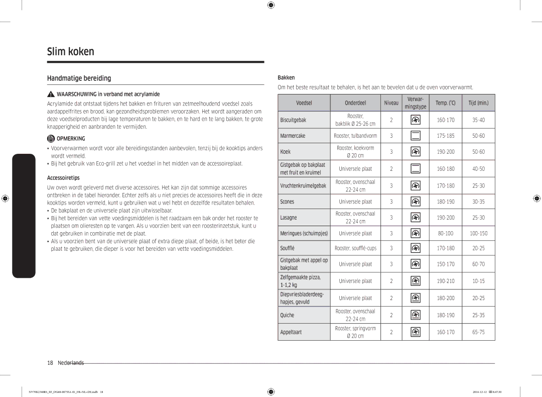 Samsung NV70K2340RB/EF, NV70K2340RS/EF manual Slim koken, Handmatige bereiding 