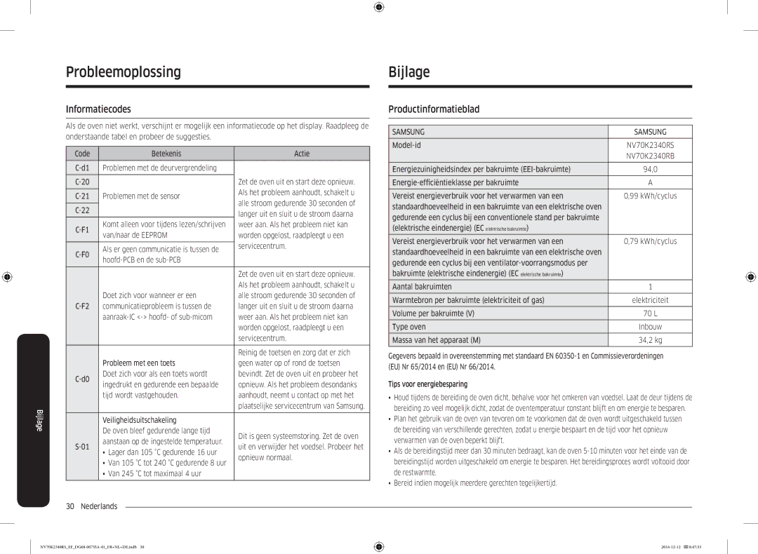 Samsung NV70K2340RB/EF, NV70K2340RS/EF manual Probleemoplossing Bijlage, Informatiecodes, Productinformatieblad 