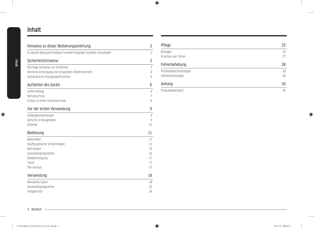 Samsung NV70K2340RB/EF, NV70K2340RS/EF manual Inhalt 