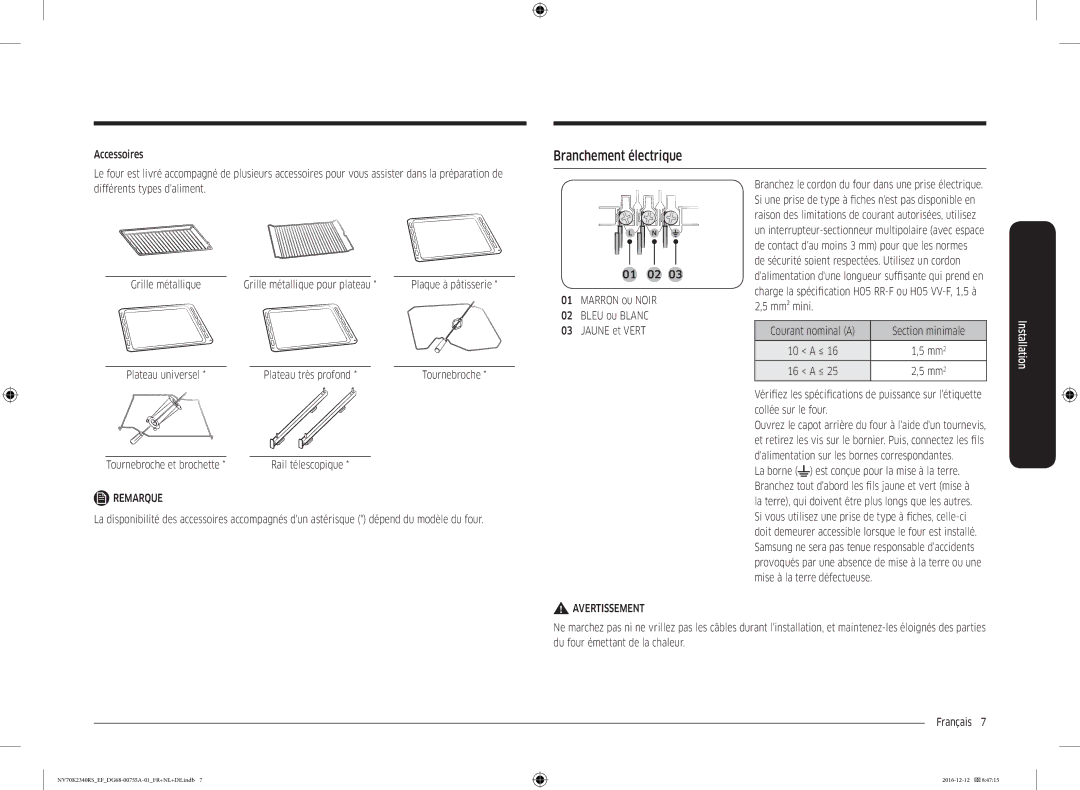 Samsung NV70K2340RS/EF, NV70K2340RB/EF manual Branchement électrique 