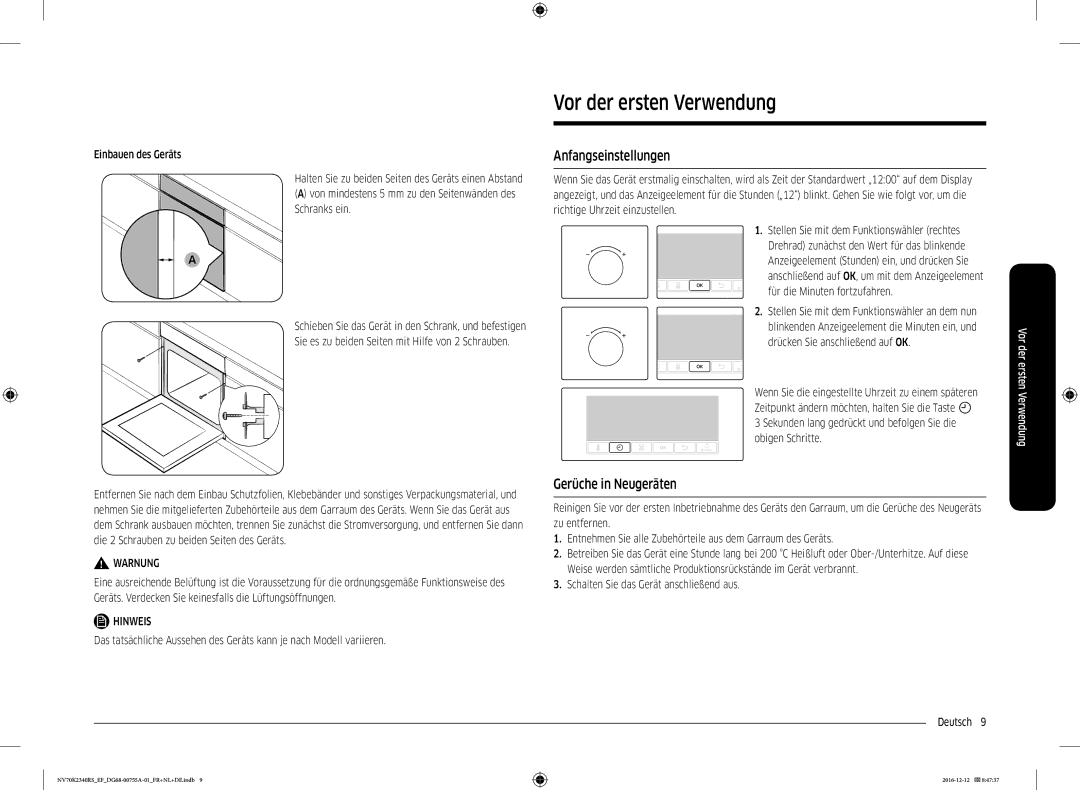 Samsung NV70K2340RS/EF, NV70K2340RB/EF manual Vor der ersten Verwendung, Anfangseinstellungen, Gerüche in Neugeräten 