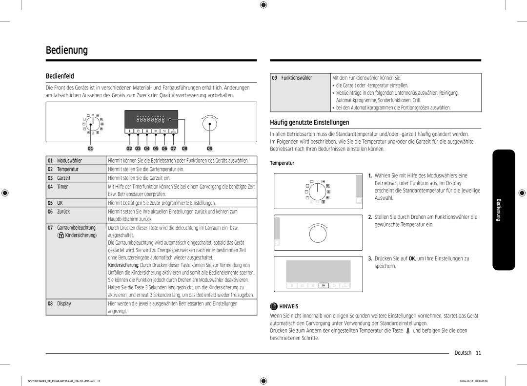 Samsung NV70K2340RS/EF, NV70K2340RB/EF manual Bedienung, Bedienfeld, Häufig genutzte Einstellungen 