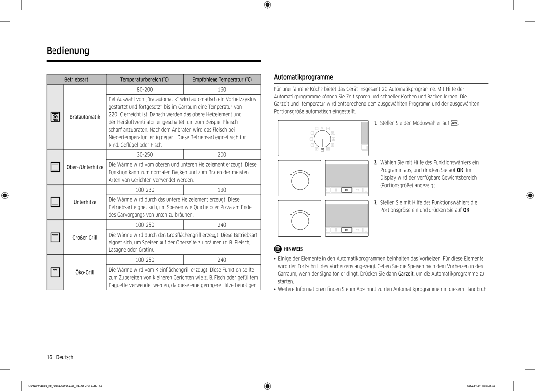 Samsung NV70K2340RB/EF, NV70K2340RS/EF manual Automatikprogramme 