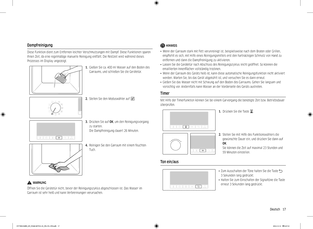 Samsung NV70K2340RS/EF, NV70K2340RB/EF manual Dampfreinigung, Ton ein/aus, Stellen Sie mit Hilfe des Funktionswählers die 