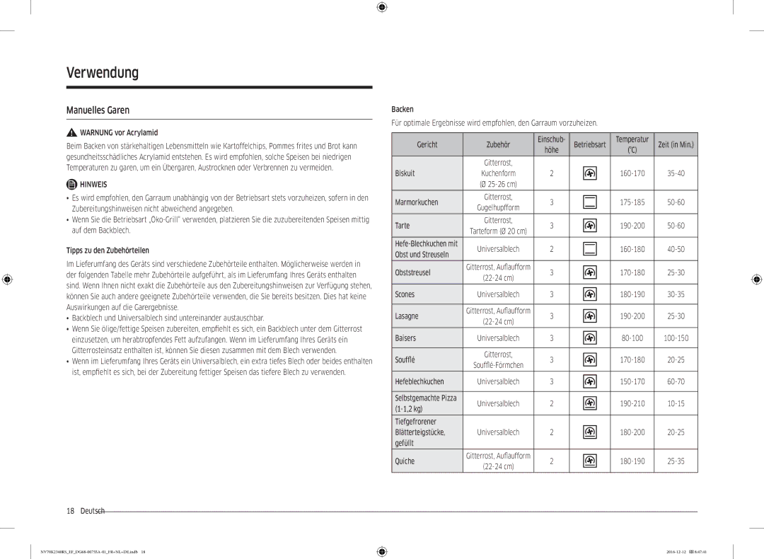 Samsung NV70K2340RB/EF, NV70K2340RS/EF manual Verwendung, Manuelles Garen 