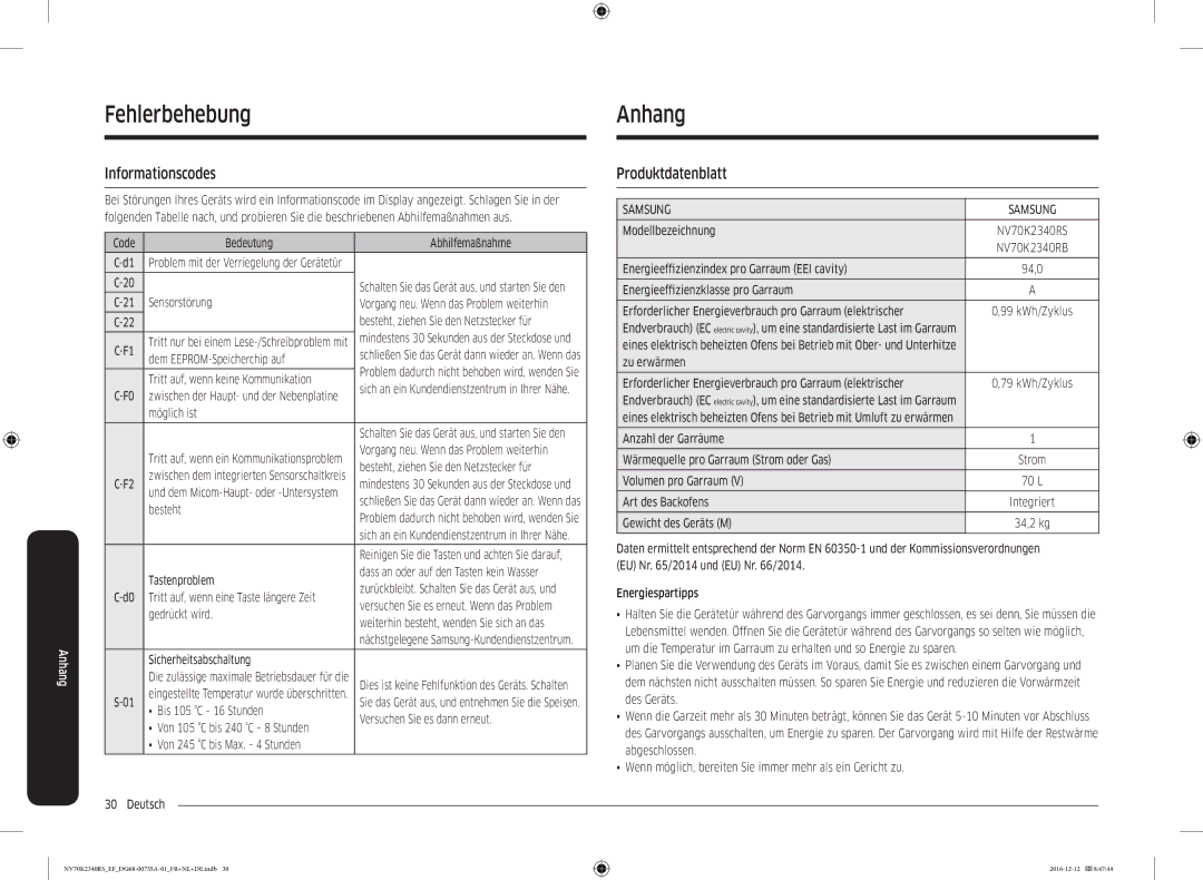 Samsung NV70K2340RB/EF, NV70K2340RS/EF manual Fehlerbehebung Anhang, Informationscodes, Produktdatenblatt 