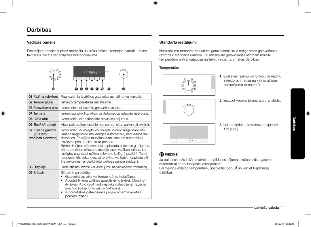 Samsung NV70K2340RB/EO manual Darbības, Vadības panelis, Standarta iestatījumi 