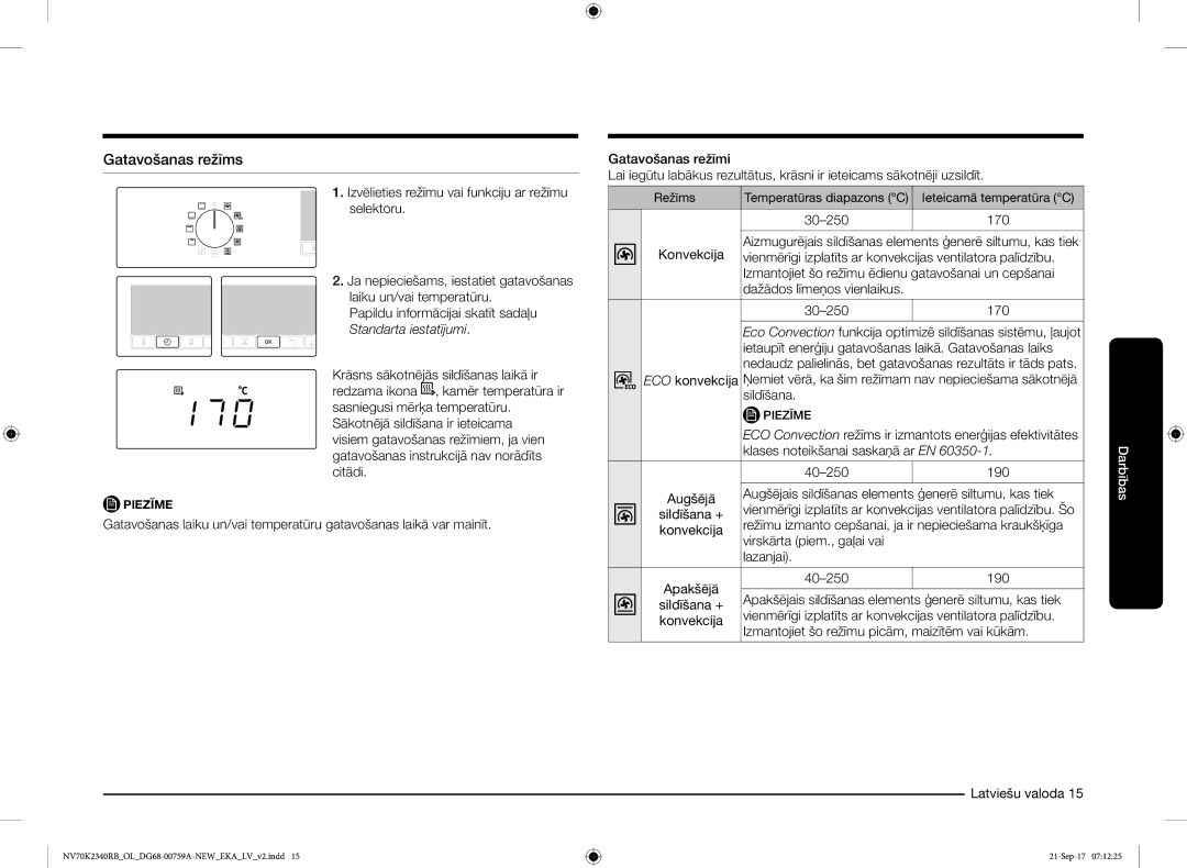 Samsung NV70K2340RB/EO manual Gatavošanas režīms 