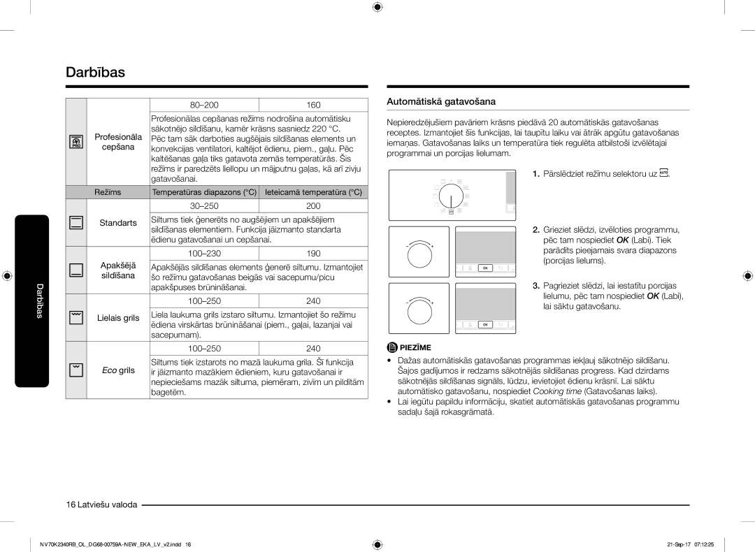 Samsung NV70K2340RB/EO manual Automātiskā gatavošana 