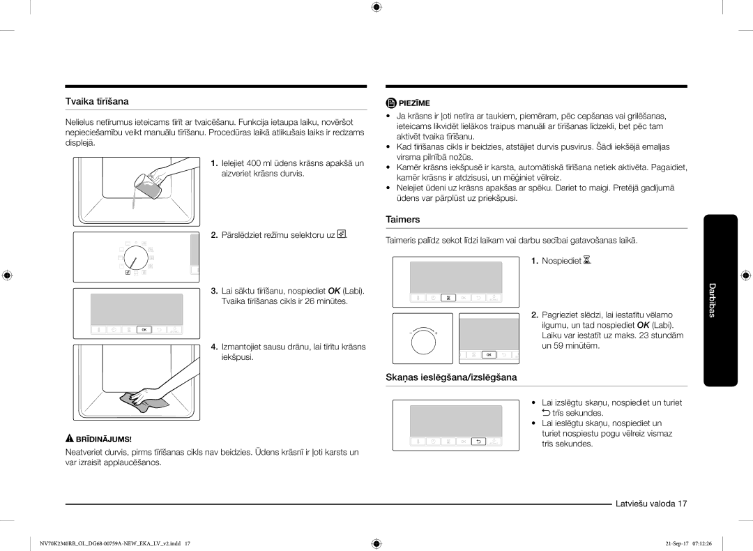 Samsung NV70K2340RB/EO manual Tvaika tīrīšana, Taimers, Skaņas ieslēgšana/izslēgšana 