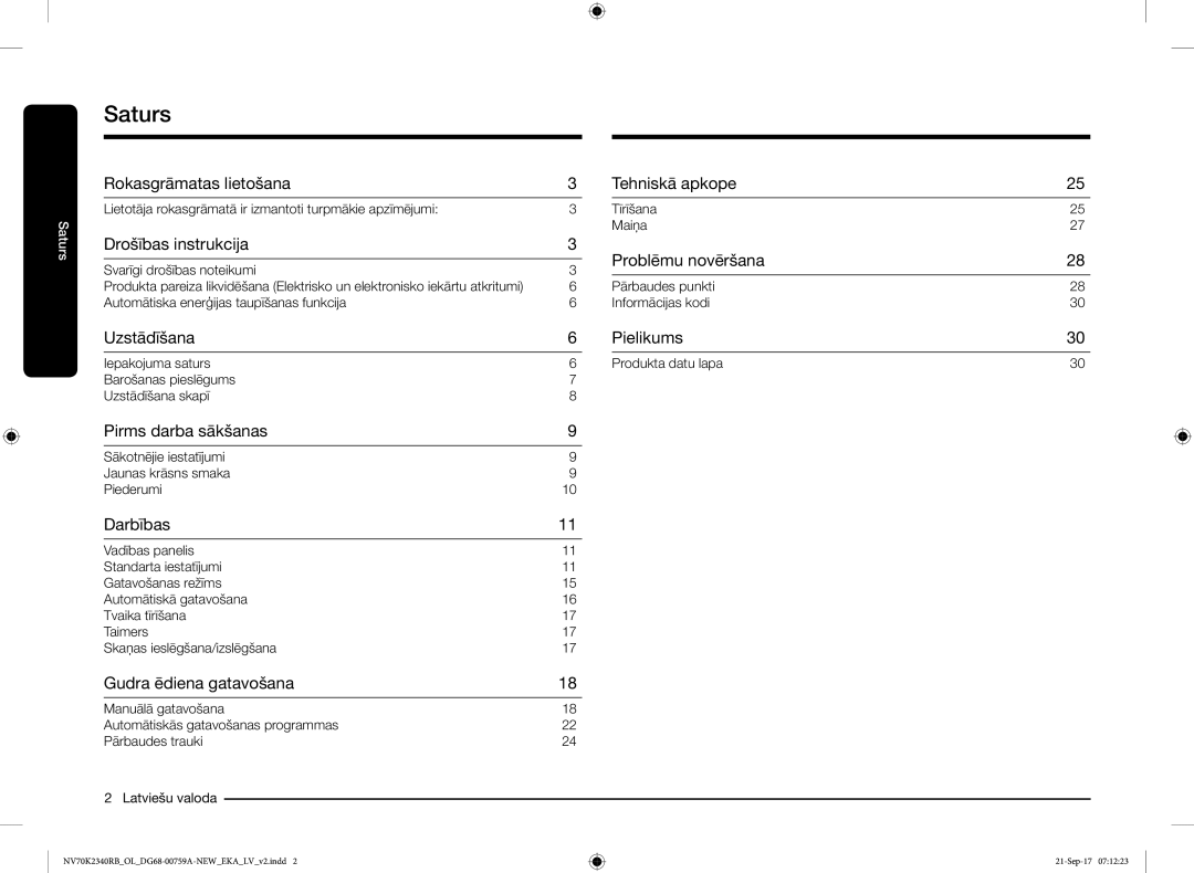 Samsung NV70K2340RB/EO manual Saturs 