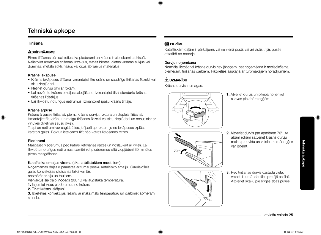 Samsung NV70K2340RB/EO manual Tehniskā apkope, Tīrīšana, Krāsns durvis ir smagas 