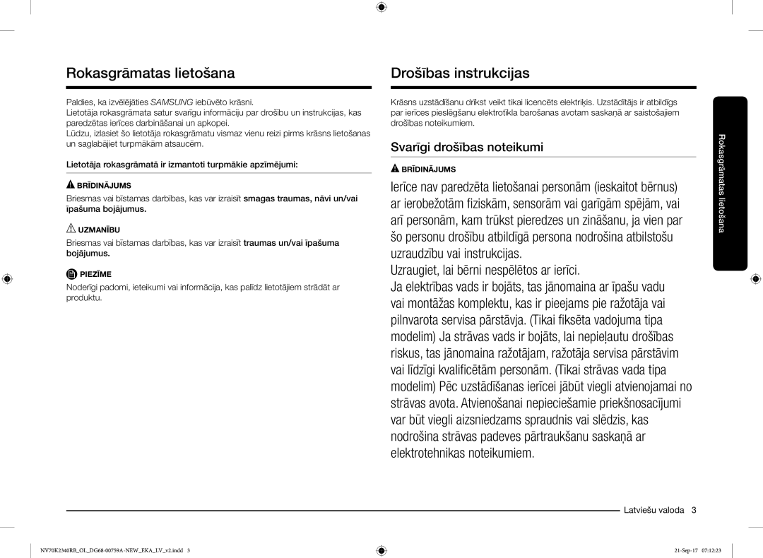 Samsung NV70K2340RB/EO manual Rokasgrāmatas lietošana, Drošības instrukcijas 