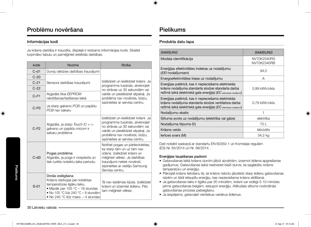Samsung NV70K2340RB/EO manual Pielikums, Informācijas kodi, Produkta datu lapa 