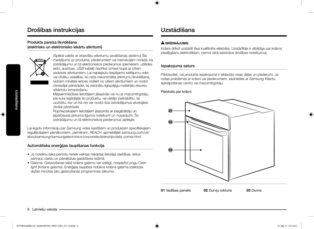 Samsung NV70K2340RB/EO manual Uzstādīšana, Automātiska enerģijas taupīšanas funkcija, Iepakojuma saturs 