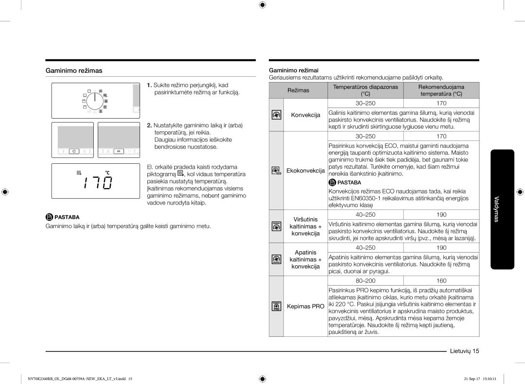 Samsung NV70K2340RB/EO manual Gaminimo režimas 