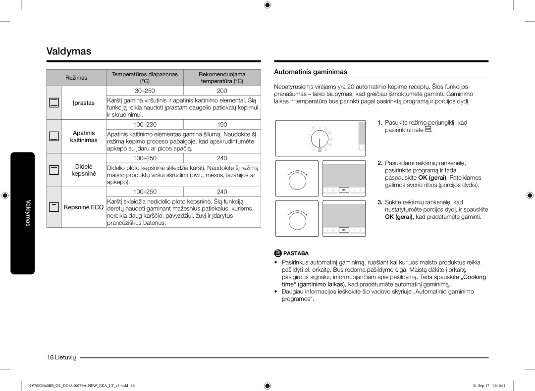 Samsung NV70K2340RB/EO manual Automatinis gaminimas 