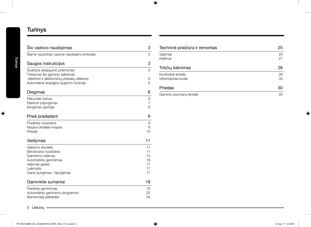 Samsung NV70K2340RB/EO manual Turinys 