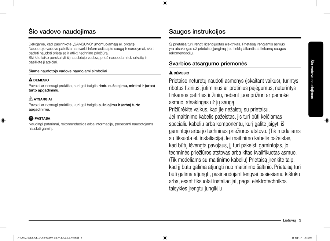 Samsung NV70K2340RB/EO manual Šio vadovo naudojimas, Saugos instrukcijos 