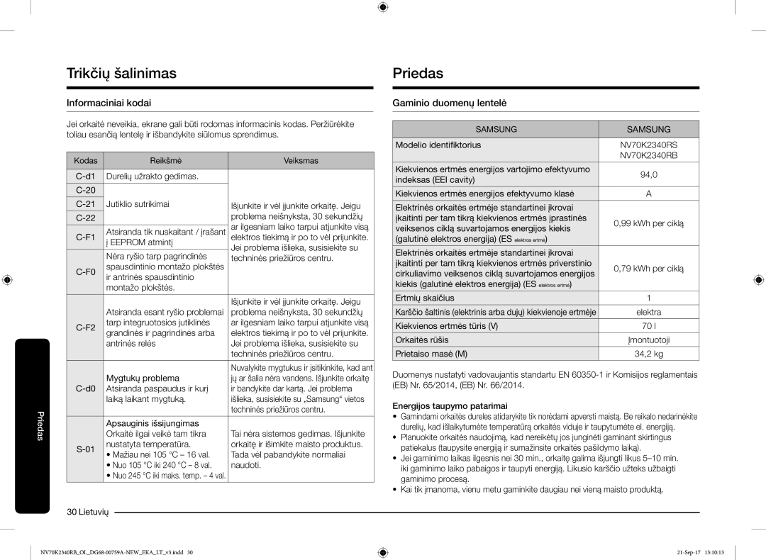 Samsung NV70K2340RB/EO manual Priedas, Informaciniai kodai, Gaminio duomenų lentelė 