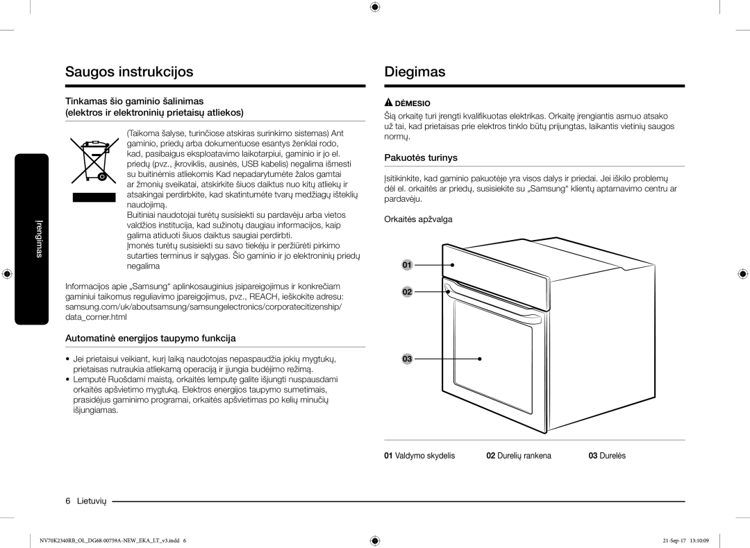 Samsung NV70K2340RB/EO manual Diegimas, Automatinė energijos taupymo funkcija, Pakuotės turinys 