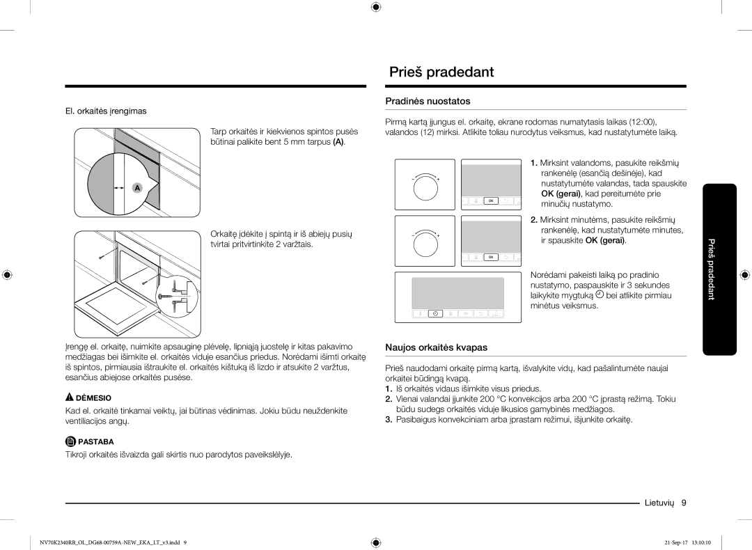 Samsung NV70K2340RB/EO manual Prieš pradedant, Pradinės nuostatos, Naujos orkaitės kvapas, El. orkaitės įrengimas 