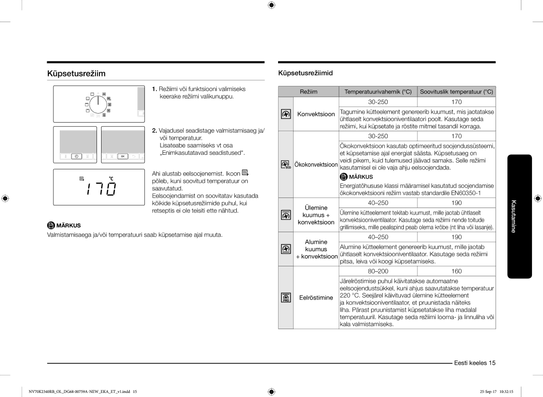 Samsung NV70K2340RB/EO manual Küpsetusrežiimid 