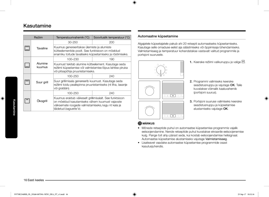 Samsung NV70K2340RB/EO manual Automaatne küpsetamine 