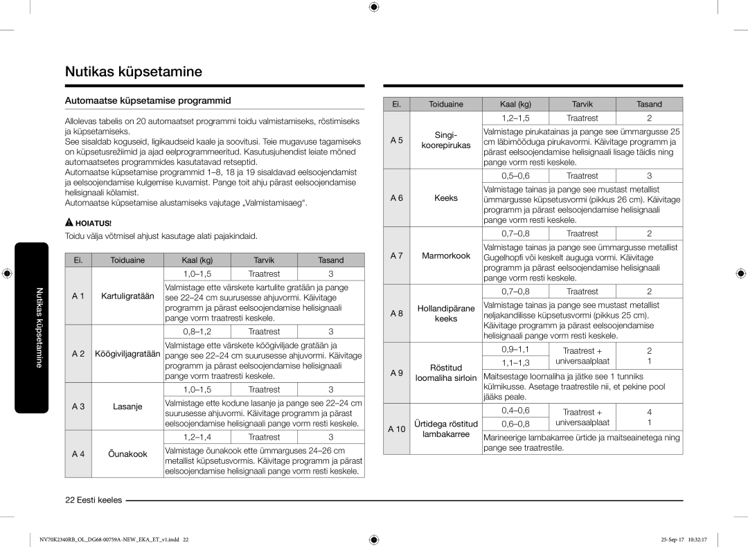 Samsung NV70K2340RB/EO manual Automaatse küpsetamise programmid 