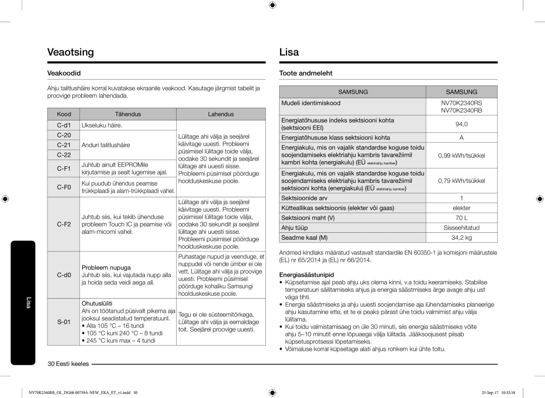 Samsung NV70K2340RB/EO manual Lisa, Veakoodid, Toote andmeleht 