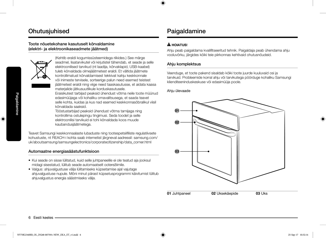 Samsung NV70K2340RB/EO manual Paigaldamine, Automaatne energiasäästufunktsioon, Ahju komplektsus 