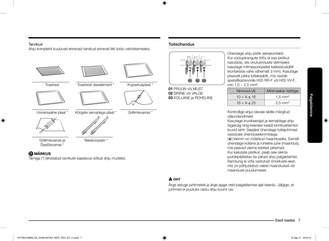 Samsung NV70K2340RB/EO manual Toiteühendus 