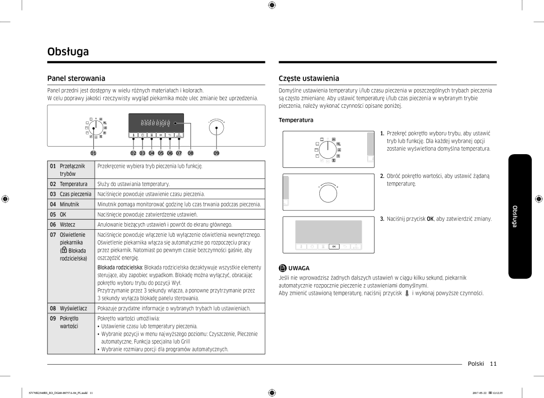 Samsung NV70K2340RB/EO manual Obsługa, Panel sterowania, Częste ustawienia 