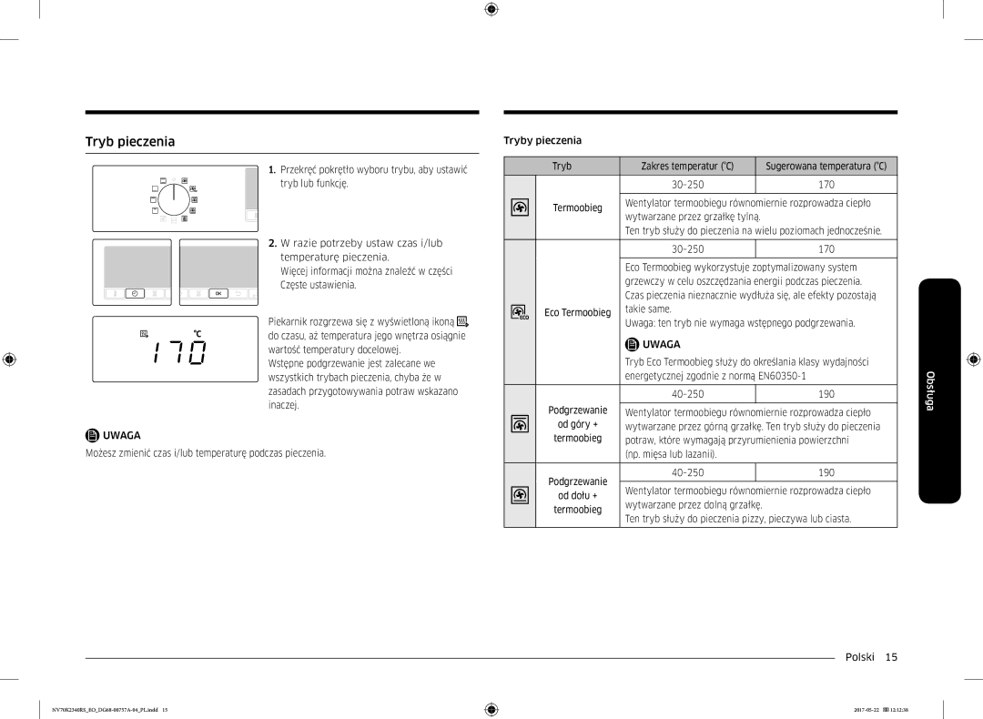 Samsung NV70K2340RB/EO manual Tryb pieczenia 